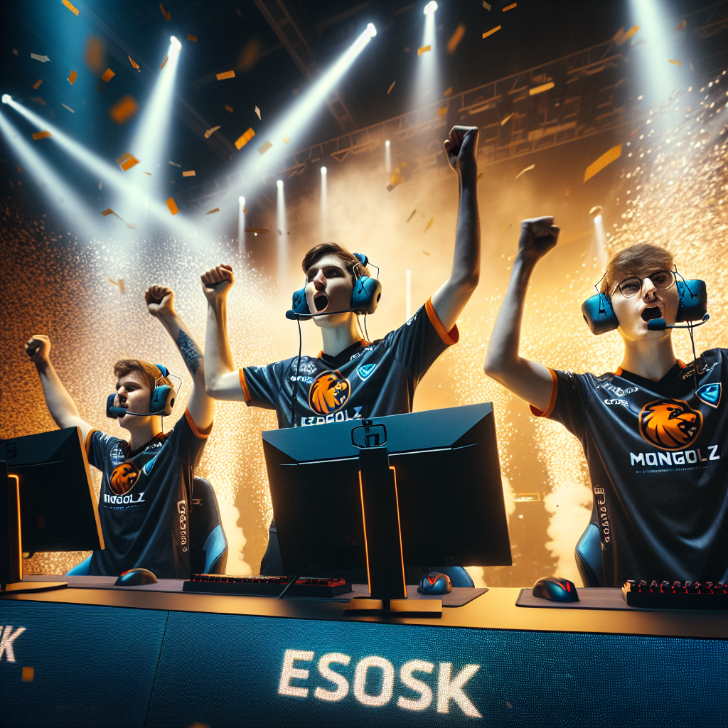 MongolZ celebrate 2-0 upset over Spirit on stage, crowd roaring, group stage